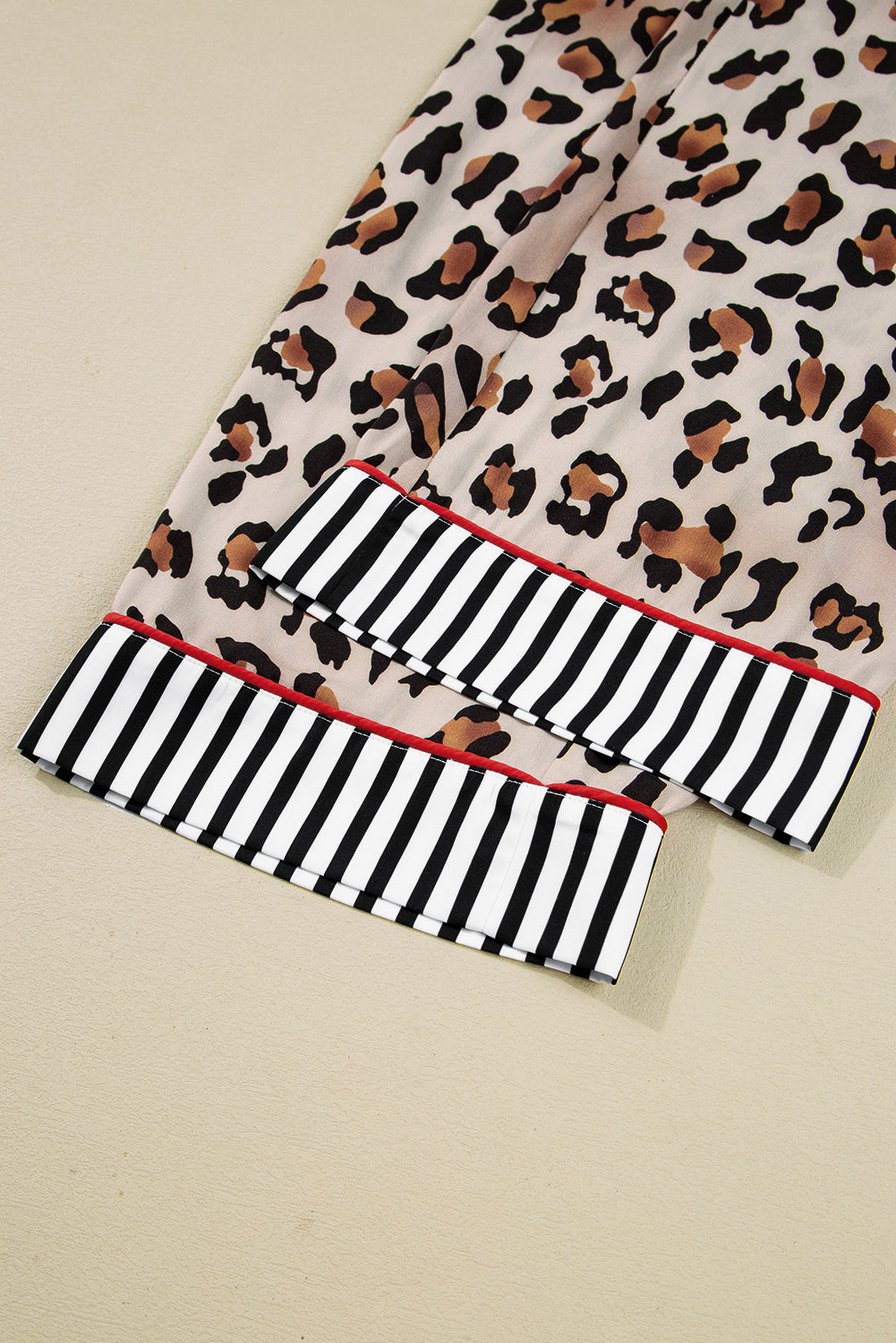 Khaki Leopard Print Colorblock Striped Patchwork Shirt and Pants Pajama Set