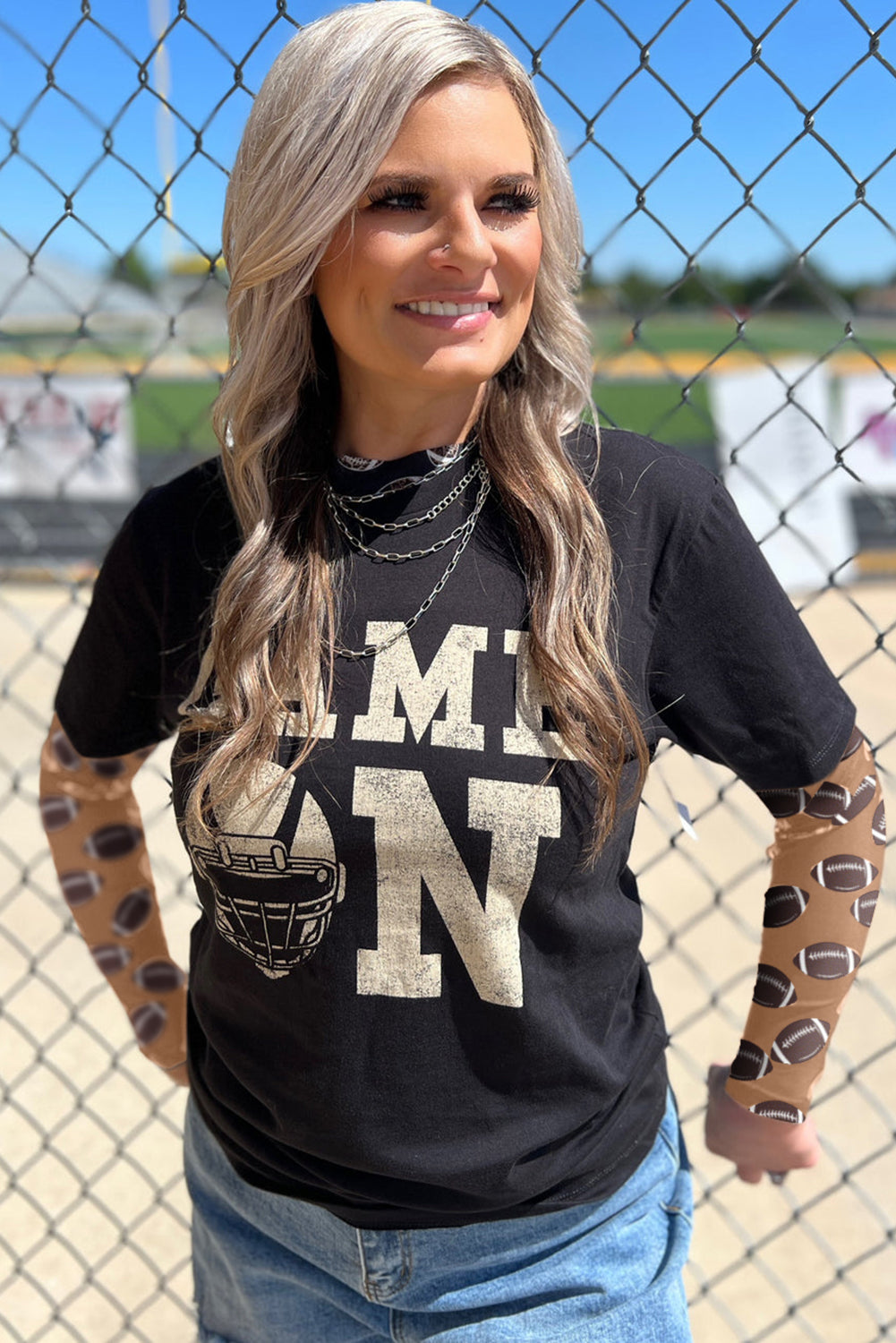 Black Game Day Football Mesh Sheer Long Sleeve Top