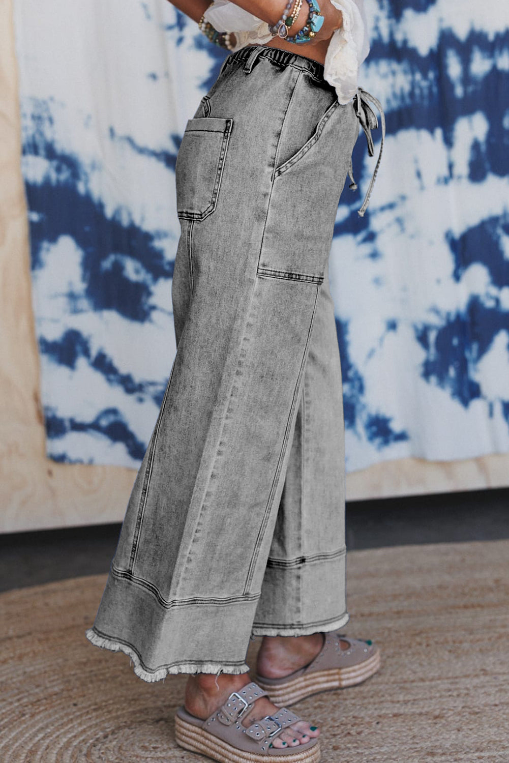 Beau Blue Drawstring Seam Detail Raw Hem Wide Leg Jeans