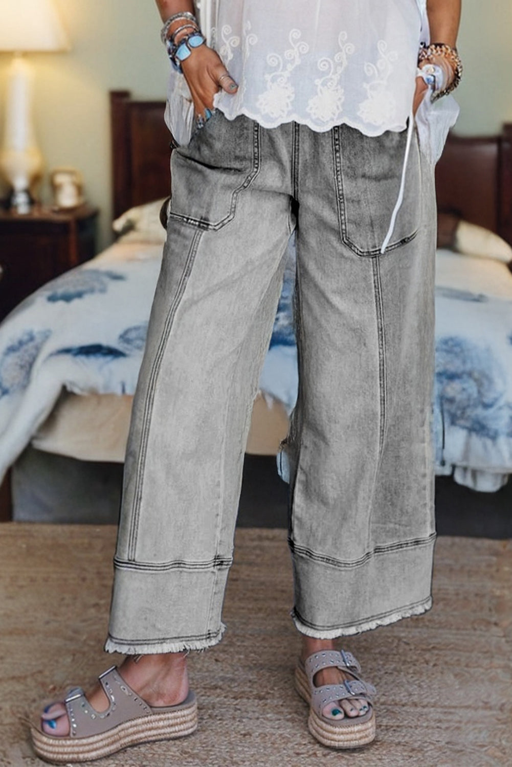 Beau Blue Drawstring Seam Detail Raw Hem Wide Leg Jeans