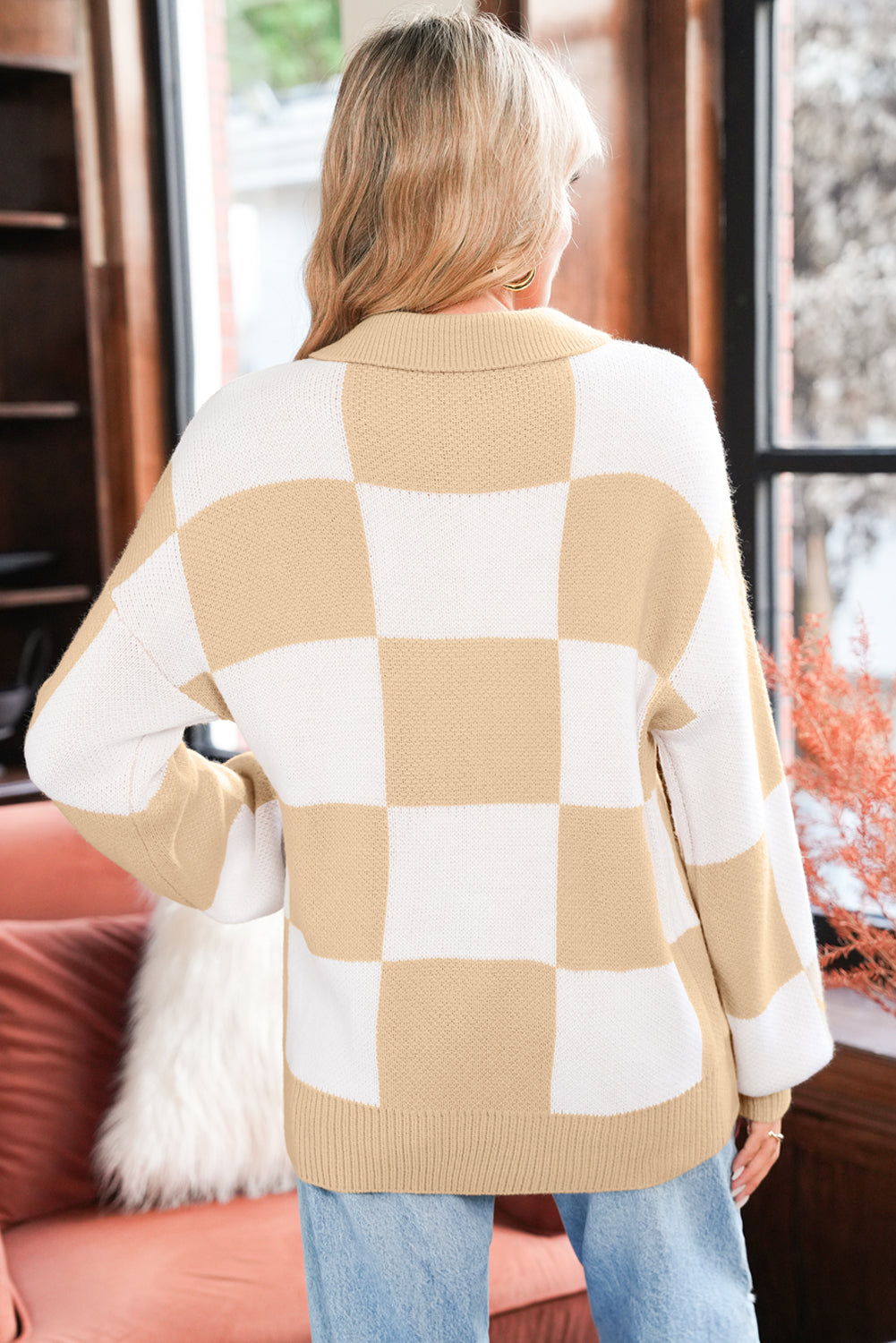 Mist Green Checkered V-Neck Collared Pullover Sweater