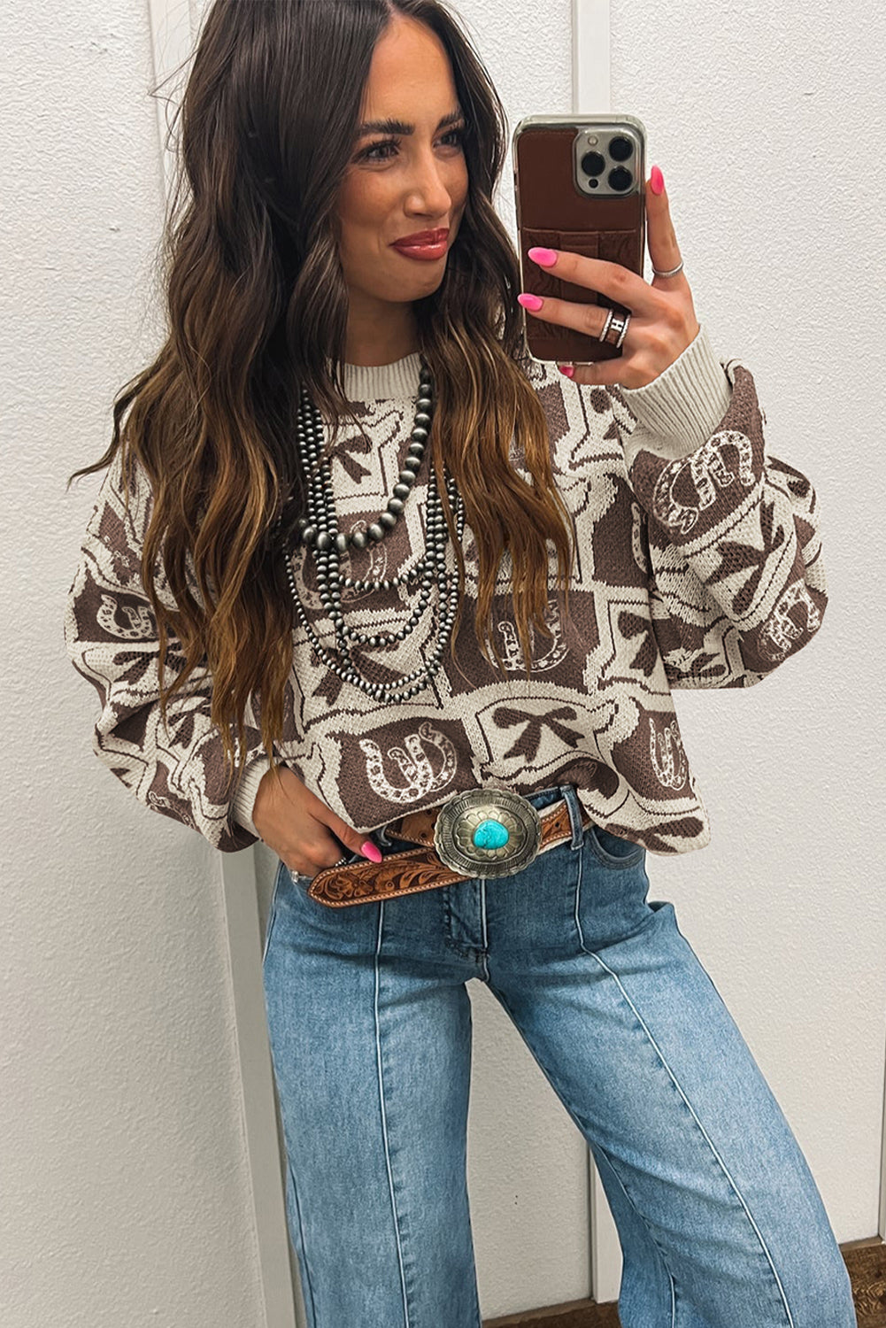 Brown Colorblock Bow Pattern Drop Sleeve Sweater