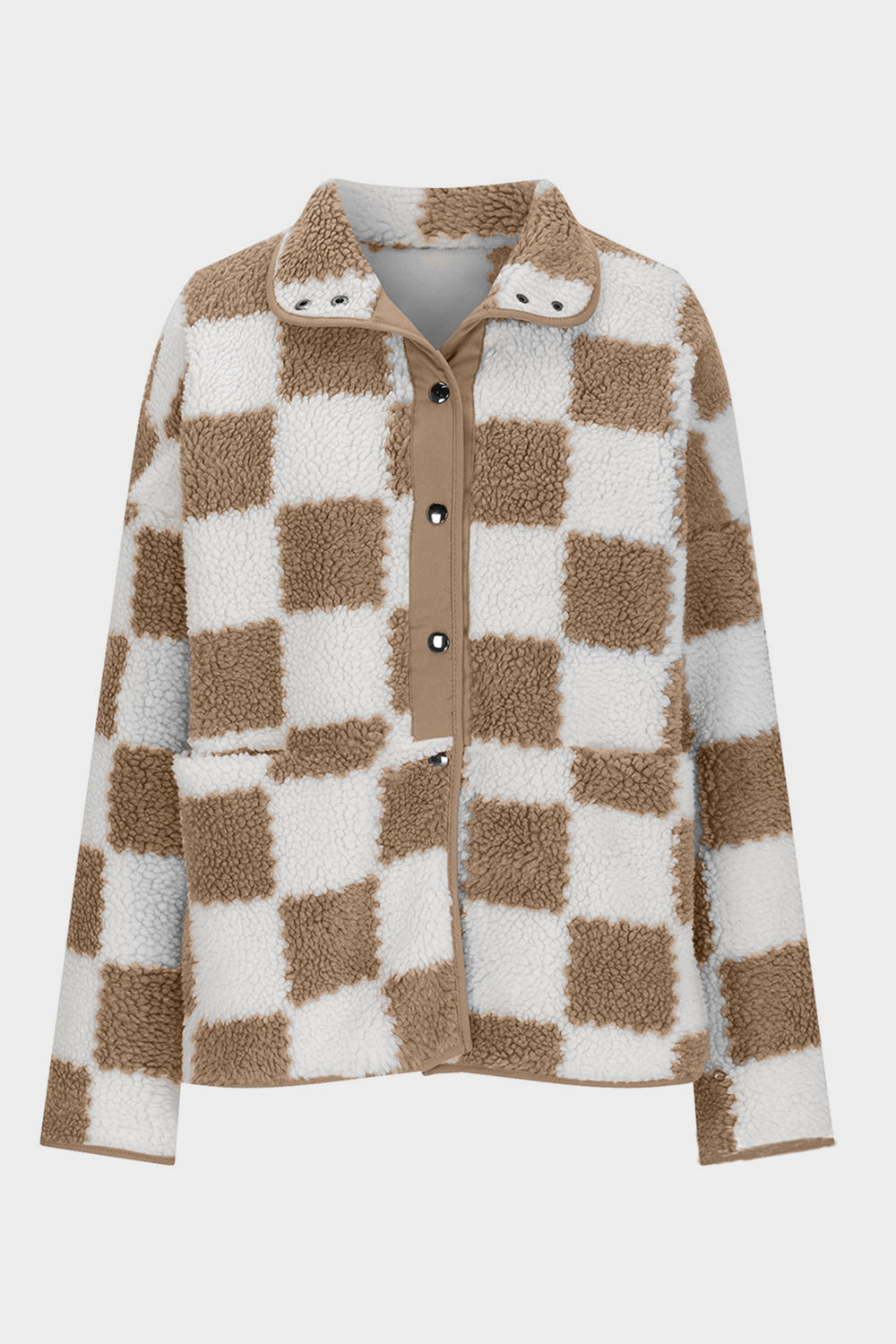 Checkered Snap Down Long Sleeve Teddy Jacket