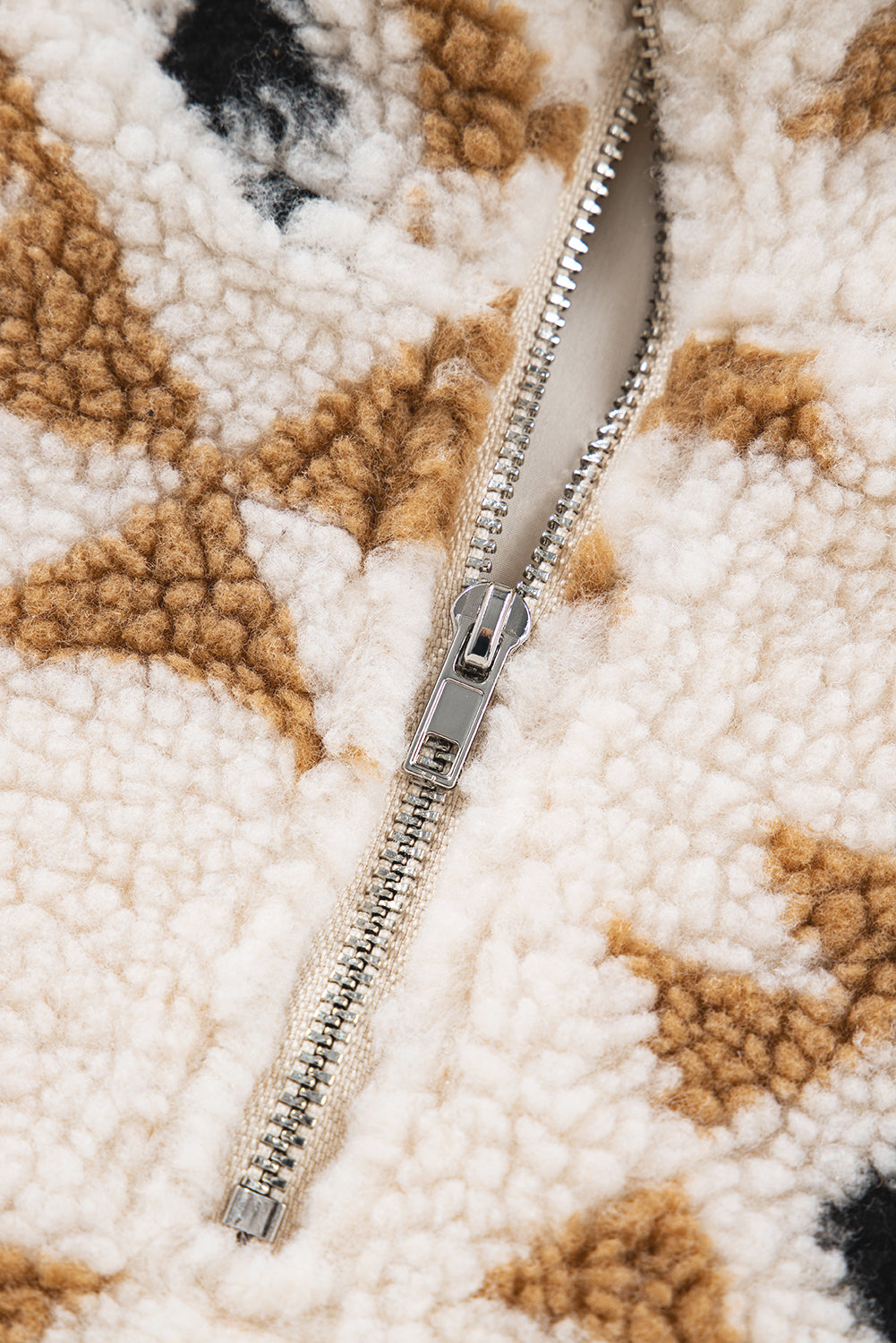 Khaki Geometric Print Sherpa Quarter Zip Collar Sweatshirt