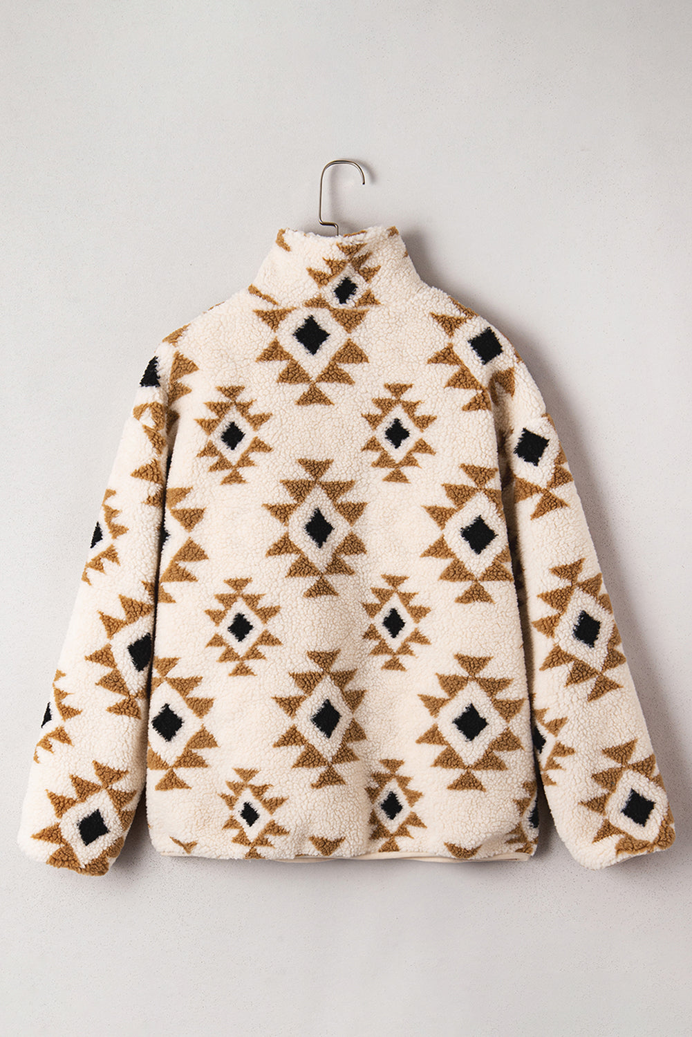 Khaki Geometric Print Sherpa Quarter Zip Collar Sweatshirt