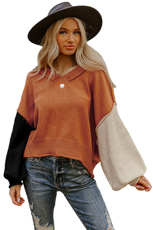 Desert Gold Colorblock Raw Edge Bubble Sleeve V Neck Sweater