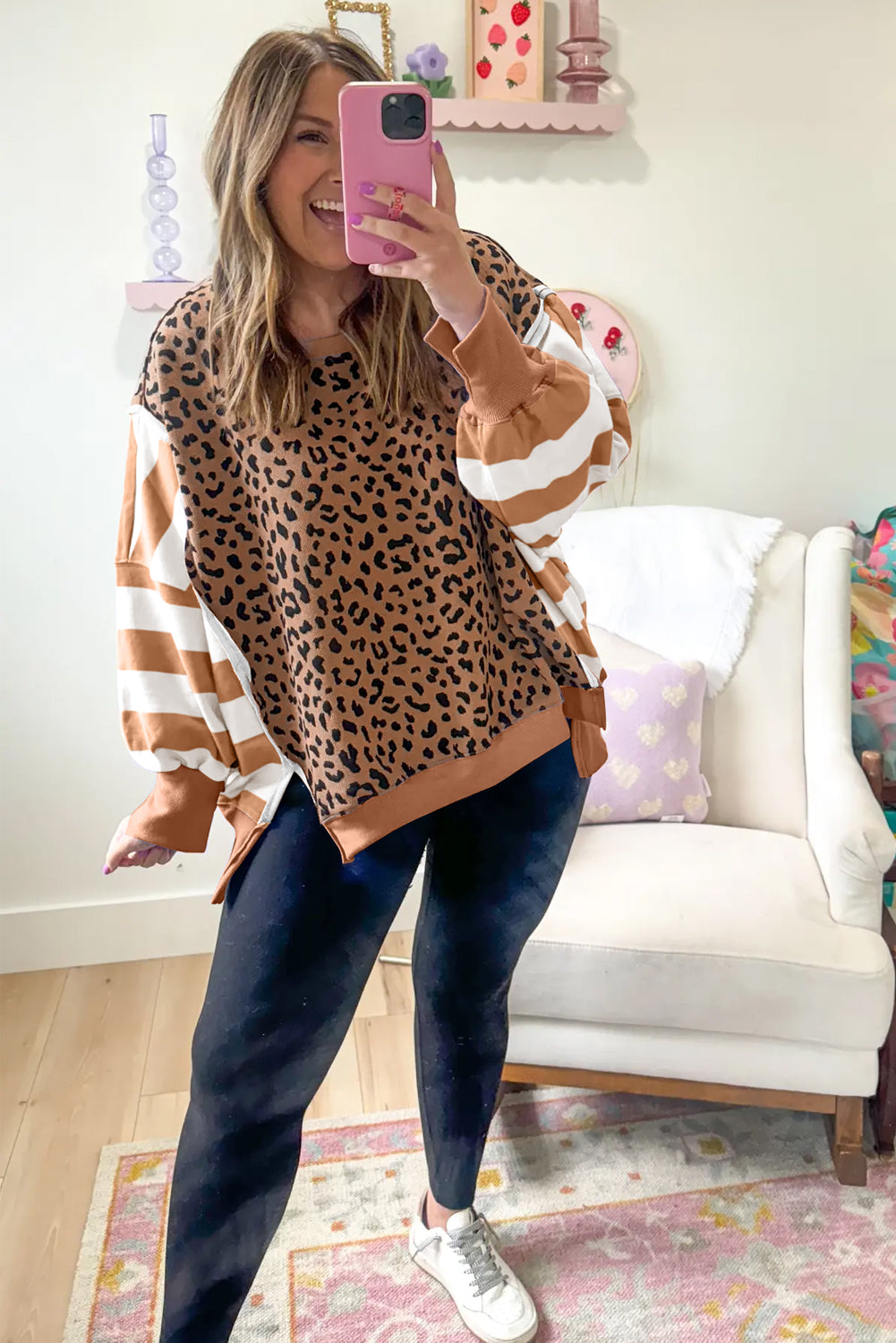 Khaki Striped Leopard Colorblock Side Slits Sweatshirt