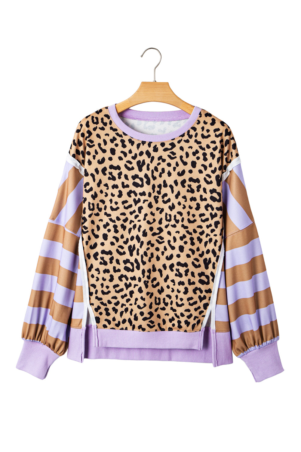 Khaki Striped Leopard Colorblock Side Slits Sweatshirt