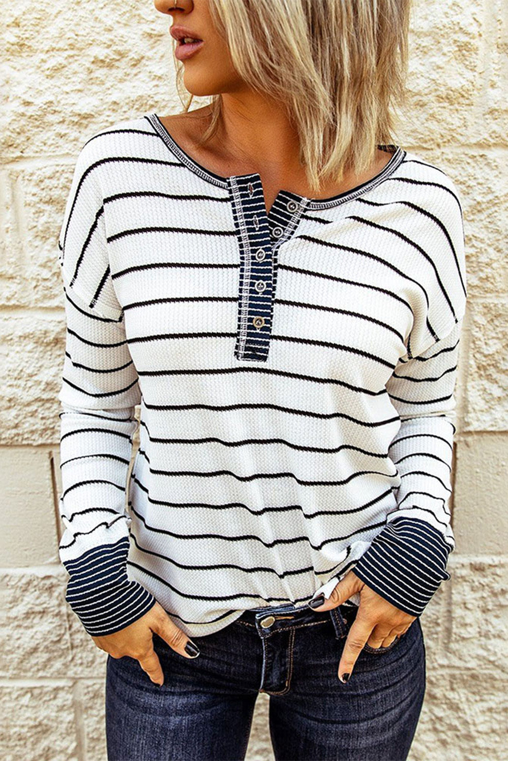 Striped Waffle Knit Henley Long Sleeve Top