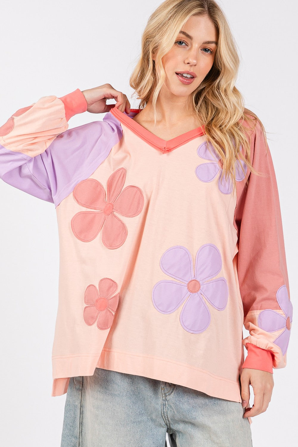 SAGE + FIG Full Size Daisy Applique Patch Color Block Long Sleeve Top